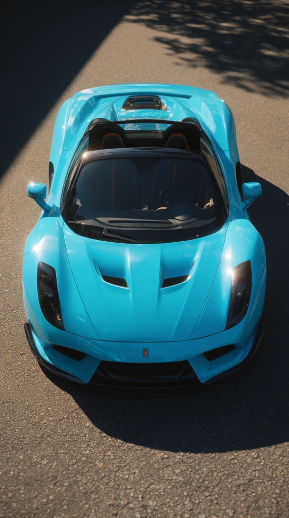 A bright cyan convertible supercar is parked on textured asphalt under intense directional sunlight. Captured from a high-angle, top-down perspective, the glossy vehicle features an open roof revealing a dark interior with subtle orange accents. The sleek front end sports black headlight housings, dual hood vents, and a bold lower splitter. Sunlight from the upper left casts a sharp shadow to the bottom right, emphasizing the aerodynamic curves and brilliant specular highlights. The ground is framed by a heavy diagonal shadow in the top left and dappled tree shadows in the top right, contrasting the neon blue paint against the neutral surroundings.