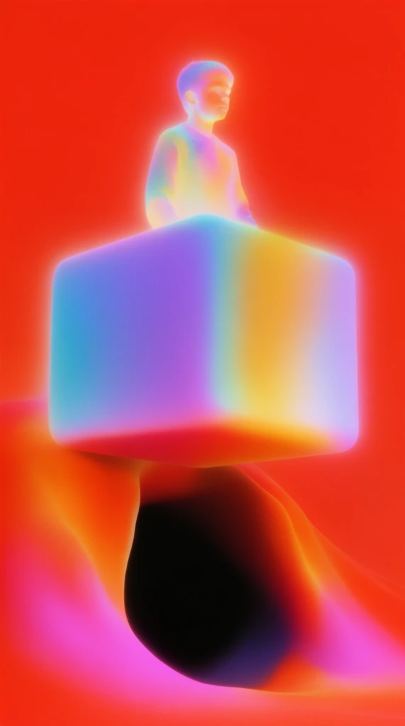A floating cubic block with a boy positioned on its upper surface and a cavernous opening directly beneath, rendered entirely in soft, hyper-saturated, iridescent glowing gradients against a vivid, solid vermilion red background. The central suspended block features smooth, airbrushed transitions of cyan, bright purple, and golden yellow, emitting a soft, diffuse luminescence with blurred, glowing edges. Atop the block, the figure of a boy is bathed in the ethereal, holographic neon glow, his form defined by seamless color blending and a radiant aura rather than sharp lines. Beneath the floating geometry, the cave is depicted as a deep, smooth-edged black void, heavily contrasted by intensely saturated, fiery orange and bright magenta gradients framing its dark opening like a thermal image. The entire scene floats within a stark, intensely bright red environment, characterized by an aura-photography aesthetic, heavy color bleed, diffuse ambient lighting, perfectly smooth digital surfaces, and seamless three-dimensional gradient blending.
