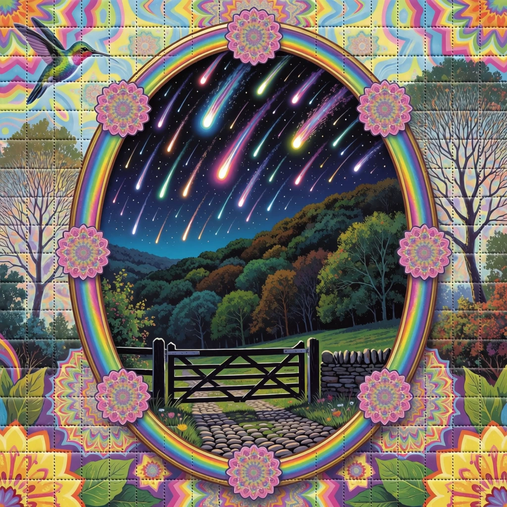 A vibrant, psychedelic illustration of a nighttime landscape is viewed through an ornate, flower-adorned oval frame, all presented on a perforated grid of small squares characteristic of blotter art. Inside the central oval, a dark night sky is filled with numerous glowing, elongated streaks of light resembling meteors or fireworks in shades of white, cyan, and magenta. Beneath the sky, a densely forested hill rises with varying shades of dark green and brown foliage. In the lower foreground, a dark wooden farm gate sits positioned in front of a path made of smooth grey cobblestones, flanked on the right by a low stone wall. The central scene is enclosed in an oval border featuring a prismatic rainbow gradient. Six intricate, circular pink floral motifs with kaleidoscopic patterns are positioned at regular intervals around this border. Outside the oval frame, the space is filled with a dense, highly detailed psychedelic pattern featuring abstract floral shapes, fractal patterns, and a small hummingbird in the upper left corner. Bare trees with thin, reaching branches are visible on both sides of the frame against a backdrop of light blue and yellow patterns. The bottom corners contain yellow and orange floral designs and green leaves. The entire composition is characterized by a surrealist style with high-contrast colors and intricate, repeating motifs, all unified by the underlying grid of square perforations.