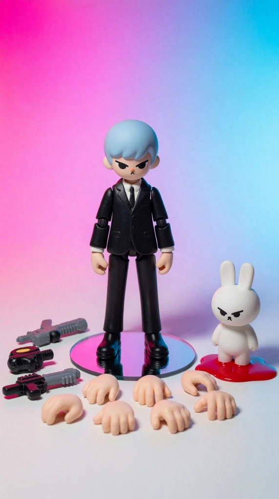 Stylized action figure in a black suit with light blue hair on a mirrored base, scattered interchangeable hands, toy weapons, white rabbit figure in a red puddle, neon pink and cyan gradient studio backdrop, crisp macro product photography