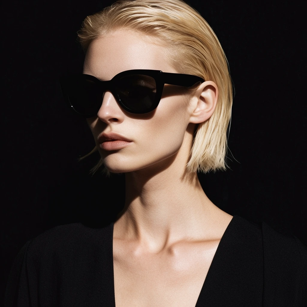 fair-skinned woman with slicked short blonde hair and large black sunglasses, deep V-neck black garment, sharp jawline, prominent collarbone, striking high-contrast lighting, inky black background, minimalist high fashion portrait