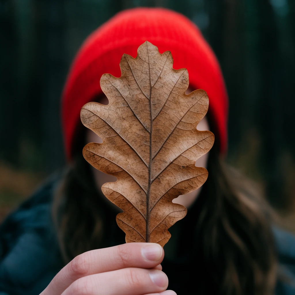 Large dry brown oak leaf held by fingers obscuring a face, bright red beanie, blurred dark forest background, sharp focus on leaf veins, shallow depth of field