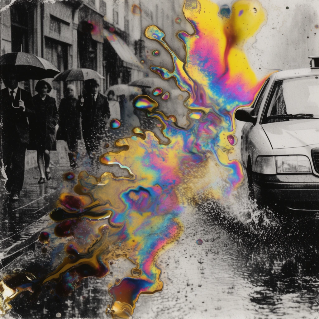 A high-contrast, distressed black-and-white photograph of a taxi driving through a puddle on a city street, erupting a massive splash of water that takes the form of a vibrant, iridescent chemical fluid bloom. On the left sidewalk, men and women holding umbrellas walk through the scene, their figures captured in heavy, grainy monochrome shadows against a gritty urban environment. The water splashing from the taxi's tires transforms into a surreal, psychedelic mixed-media overlay, sprawling diagonally across the composition in marbled pools of neon yellow, oil-slick magenta, deep blue, and gold. These luminous liquid tendrils and scattered glossy droplets feature distinct, raised edges, creating a tactile disruption of chemical acid burns and emulsion decay over the image surface. The stark silver-gelatin greyscale of the cityscape and pedestrians heavily contrasts with the luminescent, chaotic fluid dynamics of the colorful splatter, merging gritty street photography with aggressive chemical manipulation on weathered, textured photographic paper.