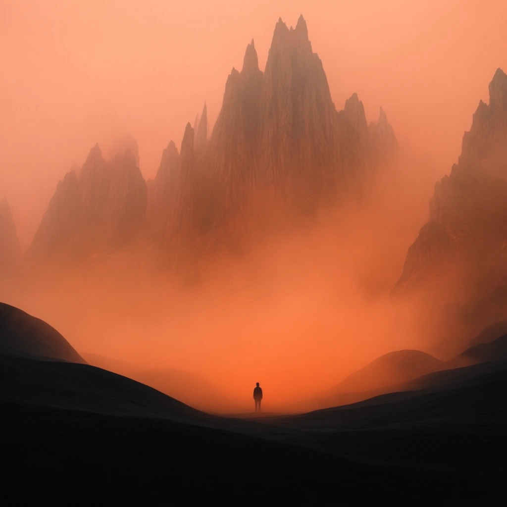 A tiny, silhouetted human figure stands centrally in a vast, otherworldly landscape, engulfed in a thick, luminous orange fog. The foreground consists of smooth, undulating, pitch-black terrain that frames the scene. In the background, colossal, jagged mountain peaks tower majestically, their sharp, vertical textures partially obscured by the dense, monochromatic peach and deep orange atmosphere. The composition emphasizes epic scale and atmospheric perspective, utilizing a stark contrast between the dark foreground silhouette and the intensely bright, hazy background. The overall style resembles a cinematic digital painting with a minimalist yet imposing aesthetic.