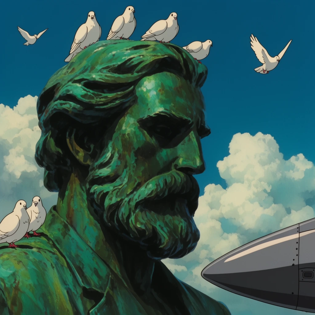 A massive oxidized copper statue of a bearded man with rich green patina dominates the left frame against a bright blue sky with fluffy white cumulus clouds. Six white pigeons perch peacefully on the statue's head and shoulders, while two others fly in the background. A sleek gray aircraft nose cone partially enters the bottom right corner. The scene is rendered in a vibrant 2D cel animation style with clean lines and clear cinematic lighting.