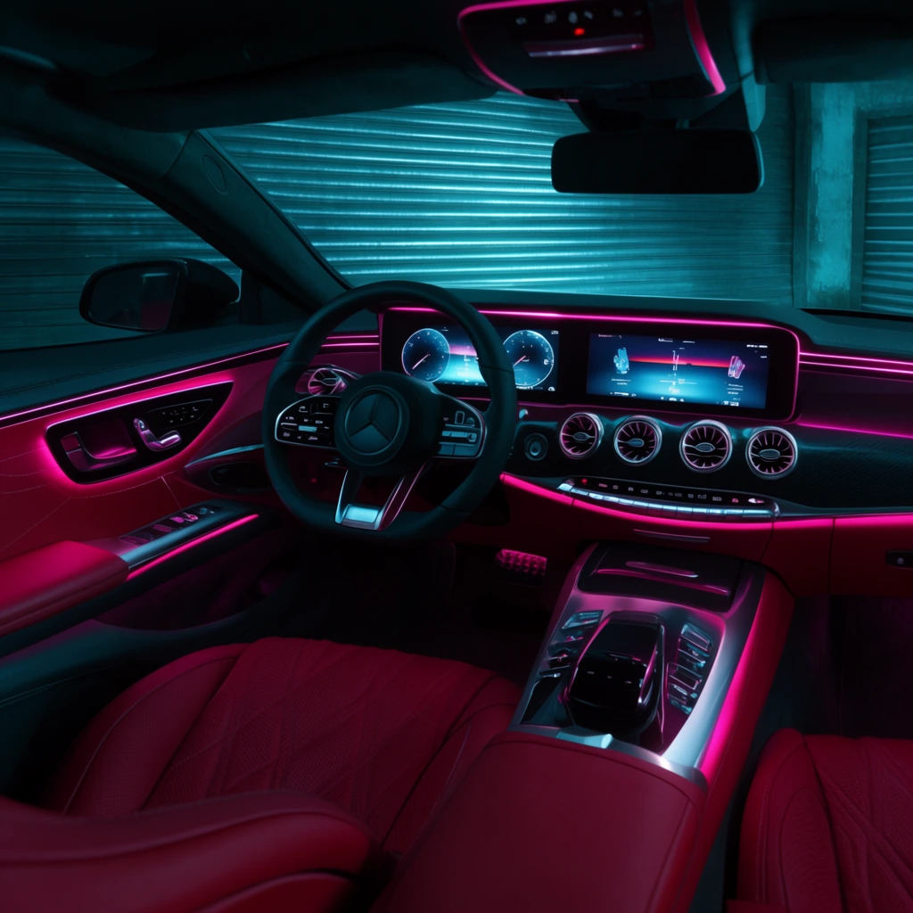 luxury car interior, glowing neon pink ambient lighting along dashboard, red quilted leather seats, dual digital screens, metallic circular air vents, dark cyan shadows, corrugated metal visible outside, cinematic cyberpunk aesthetic
