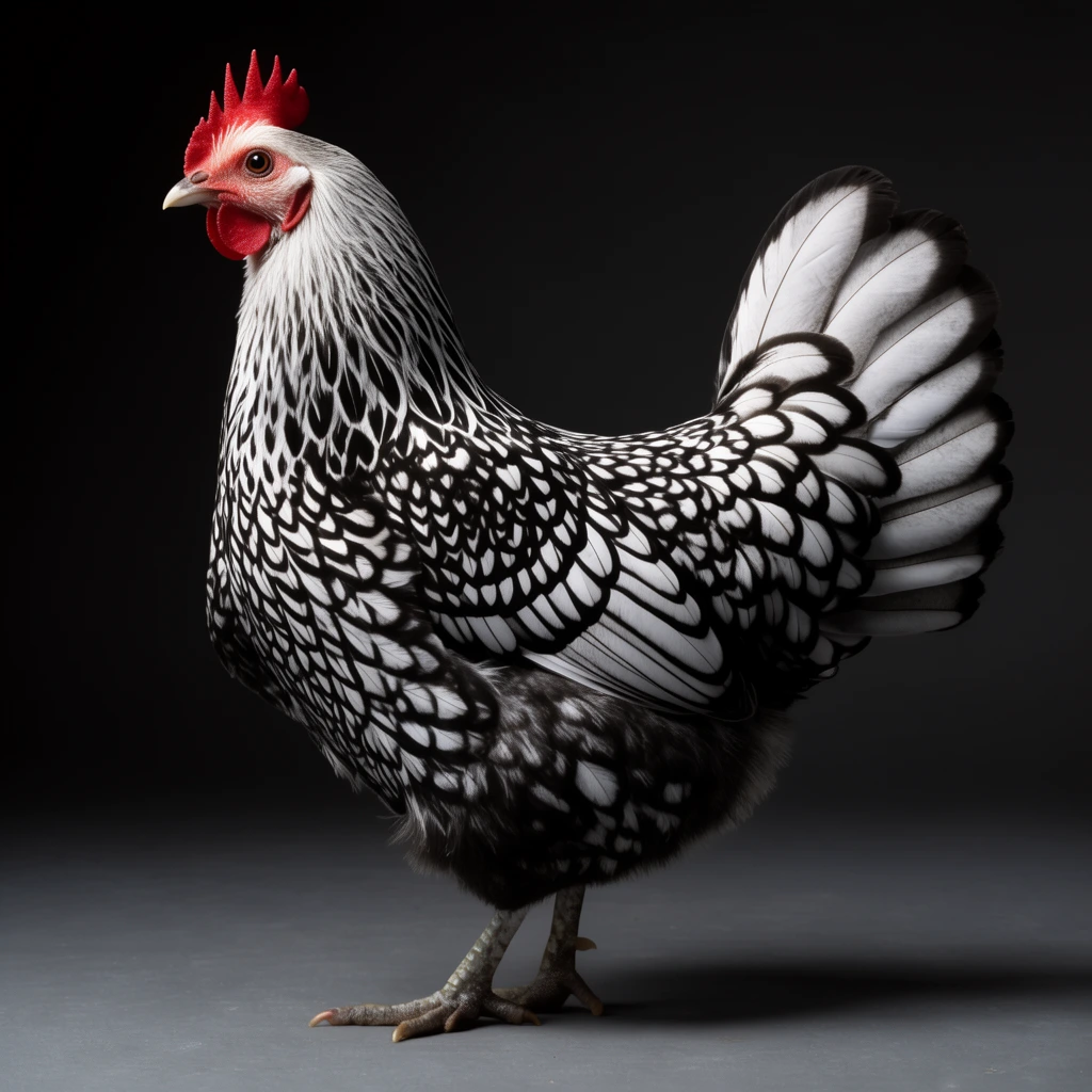 silver laced chicken, intricate black and white plumage, bright red comb, fanned tail feathers, dark studio background, smooth grey floor, dramatic lighting, sharp focus