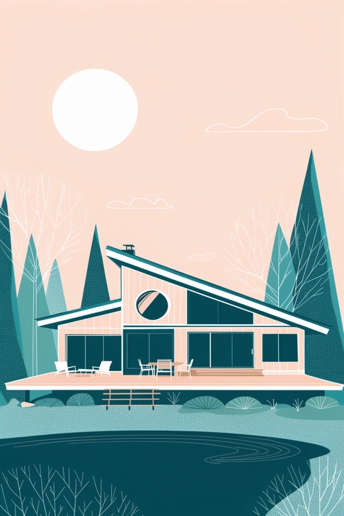minimalist vector illustration of a mid-century modern house, slanted roof with a circular window, sprawling deck with patio furniture, flat teal and pale peach color palette, stylized evergreen trees, pale pink sky with a large white sun, dark teal pond, textured dot patterns, thin white linework for branches and clouds, retro mid-century aesthetic