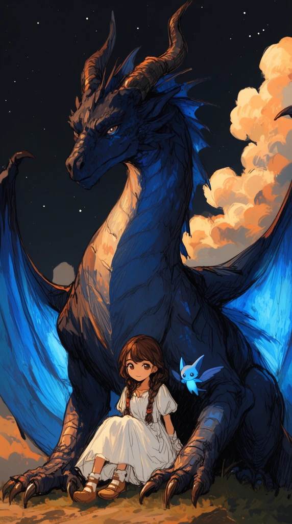 A massive dark blue dragon with curved horns and luminous blue wing membranes rests under a dark starry sky. A young girl with brown braided hair in a white dress sits between its large clawed feet alongside a tiny hovering blue winged creature. Warmly lit stylized puffy clouds rise on the right. The digital illustration features prominent sketchy line art, textured shading, and an anime-inspired aesthetic with dramatic warm and cool lighting contrasts.