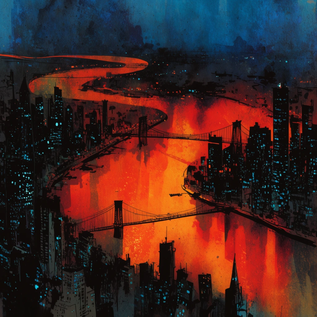 aerial view of a stylized metropolis at night, winding river glowing with intense fiery orange and red gradients, silhouetted black skyscrapers speckled with cyan lights, suspension bridges spanning the fiery water, heavily textured graphic novel illustration, gritty ink washes, deep atmospheric blue sky, dramatic color contrast, expressionistic urban landscape