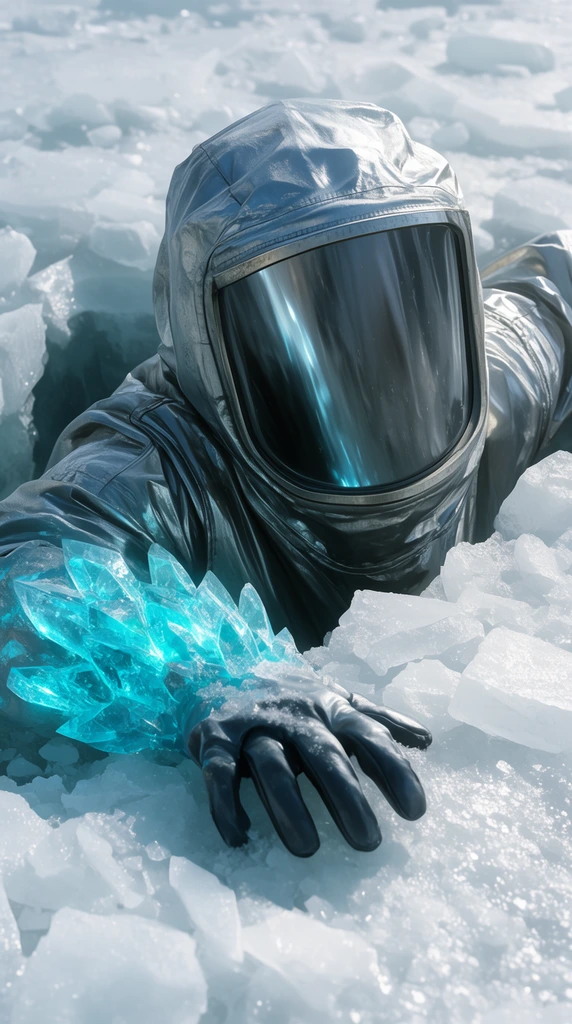 figure emerging from shattered white ice, metallic silver hazmat suit, gloved hand gripping the icy edge, glowing cyan crystalline appendage, cold bright cinematic lighting, sharp focus