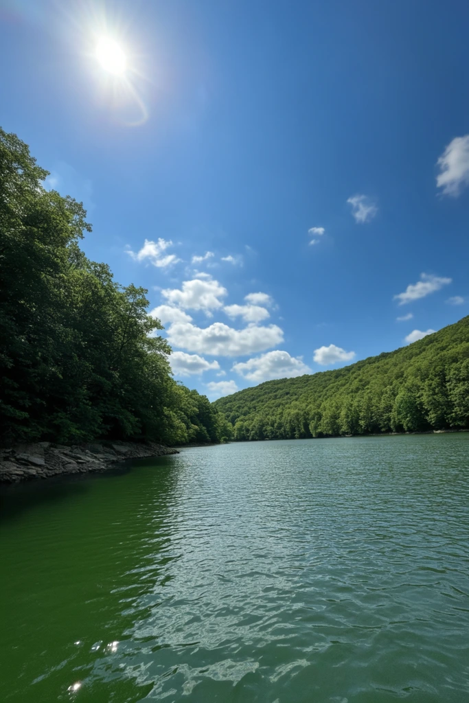 wide expanse of deep green water curving between densely forested hills, lush deciduous trees covering sloping terrain, rocky shoreline along the left bank, intense bright sun in the upper left sky creating subtle lens flare, azure blue sky with scattered fluffy white clouds, gentle ripples on the water surface reflecting sunlight, wide-angle landscape photography, low camera perspective near the water, vibrant natural color palette, deep depth of field, vertical framing