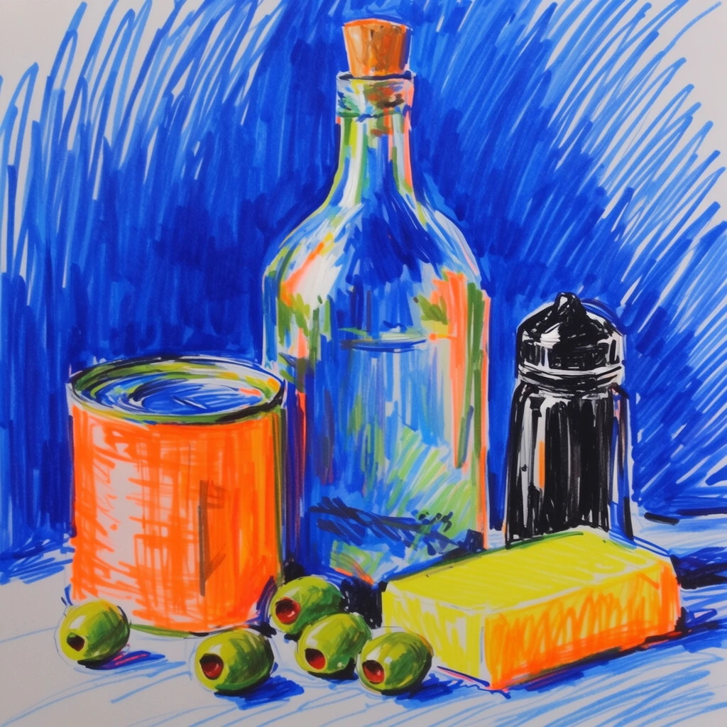 expressive marker sketch still life, tall corked bottle, orange tin can, black shaker, yellow block, green olives, energetic hatching, vivid cobalt blue and neon orange palette
