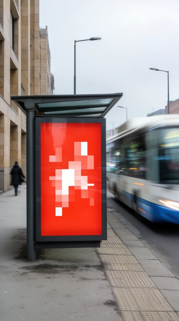 A dark grey metal bus shelter displaying a vibrant red illuminated panel with abstract white geometric pixels stands on an urban sidewalk. Beside it, a white and blue city bus streaks past in heavy motion blur. The overcast scene features a modern tan stone building on the left and a grey sidewalk with tactile paving. A solitary figure in a dark coat walks in the distance beneath streetlights and a pale sky. The composition highlights a stark contrast between the sharp, static red shelter and the kinetic energy of the passing traffic.