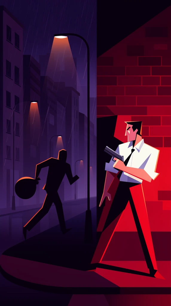 stylized geometric vector illustration, sharp angular man in white shirt and red pants holding a handgun around a glowing brick corner, aiming at a dark silhouette figure fleeing with a round sack, rainy city street at night, illuminated street lamps, tall buildings, stark shadows, flat colors, sharp shapes, high contrast noir aesthetic, deep purple and red palette