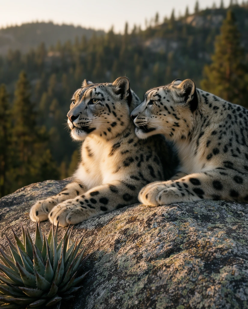 Two majestic snow leopards resting together on a rugged, lichen-covered granite boulder. The feline on the right affectionately nuzzles against the thick, spotted neck of the leopard on the left, who gazes softly toward the horizon. The textured foreground stone features a spiky alpine succulent growing from a lower-left crevice. Behind them, a softly blurred background reveals rolling, pine-covered hills. Shot in a photorealistic cinematic wildlife style with shallow depth of field, the warm golden-hour sunlight highlights the dense fur of the cats and casts deep, atmospheric shadows across the peaceful landscape.