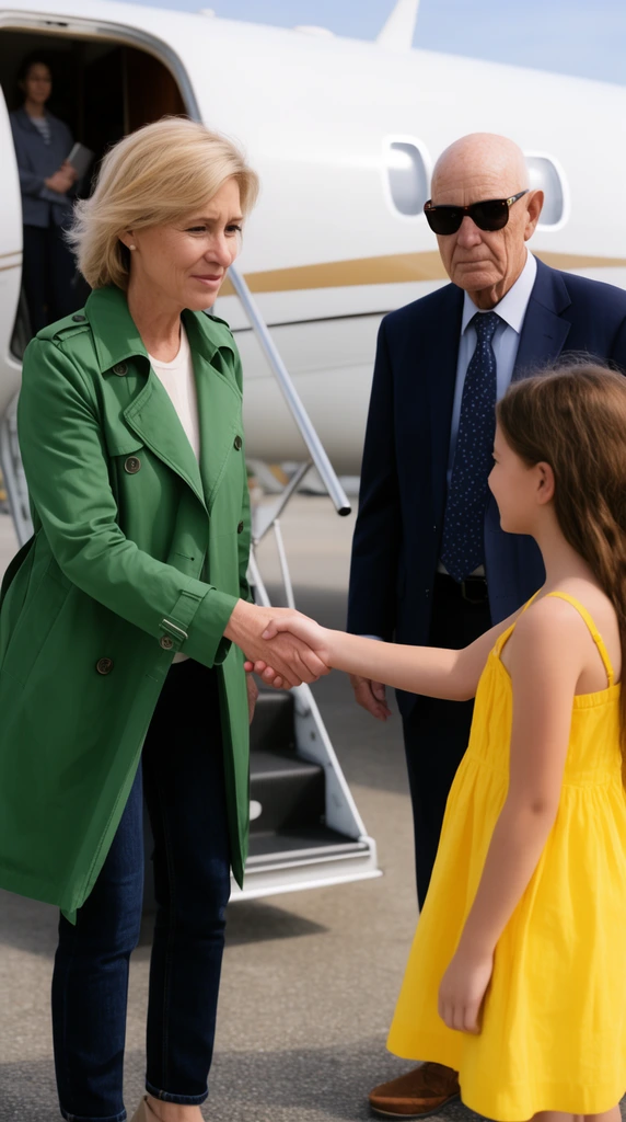 A middle-aged woman with short blonde hair in a green trench coat and dark jeans shakes hands with a young girl wearing a bright yellow sundress. They stand on an airport tarmac near the bottom of a private jet's boarding stairs. Behind the woman stands an elderly bald man in a navy suit and dark sunglasses. Another figure stands in the background at the top of the airplane's open doorway. The bright outdoor scene is captured from a medium eye-level perspective with a shallow depth of field focusing on the handshake.