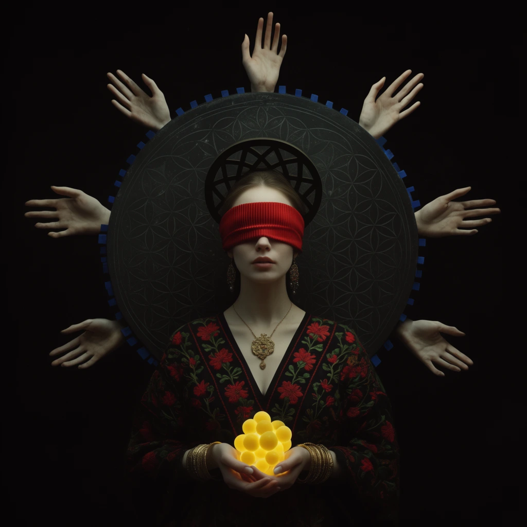 A surreal portrait of a pale woman with a bright red ribbed blindfold and a dark geometric halo, surrounded by eight radiating disembodied arms against a pitch-black background. A large dark circular disc behind her head is etched with an intricate interlocking circle pattern and edged with small blue tabs. Eight pale hands with long fingers reach outward from behind the disc in a symmetrical sunburst arrangement. She wears a dark V-neck garment embroidered with red and green floral motifs, accessorized with dangling earrings, an ornate gold pendant, and stacked gold bangles. Her two primary hands are cupped delicately near her waist, holding a glowing cluster of bright yellow spheres. The highly symmetrical composition features dramatic chiaroscuro lighting that intensely isolates the vivid colors and mystical anatomical elements against the dark void.