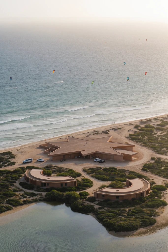 An aerial photograph captures a coastal landscape featuring low-profile, earth-toned architectural structures on a sandy peninsula. The primary building showcases a sprawling, star-like flat roof alongside parked vehicles and dirt pathways. Two crescent-shaped buildings nestle into surrounding patches of green coastal scrub. A small inlet sits in the foreground, while expansive blue-grey ocean water rolls against the shoreline with gentle white waves. Several colorful kitesurfers glide across the water in the hazy, bright distance under a pale sky. Soft, atmospheric sunlight illuminates the muted natural color palette.