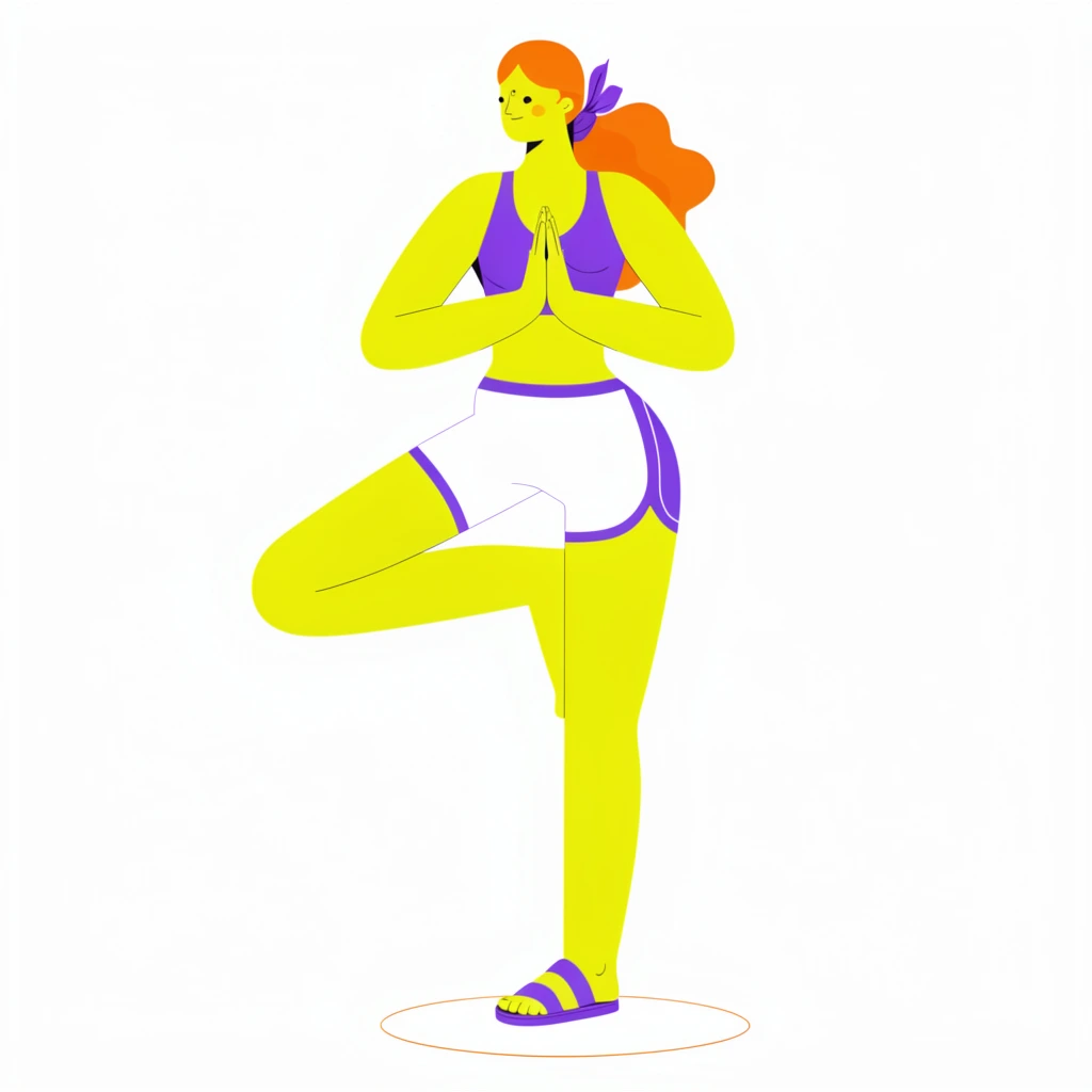 stylized vector illustration of a woman in a yoga tree pose, bright neon yellow skin, vibrant orange hair tied with a purple ribbon, hands pressed in prayer at her chest, wearing a purple sports bra, white athletic shorts with purple accents, purple sandal on her standing foot, elongated limbs, flat minimalist proportions, standing on a thin circular orange outline, stark white background, vibrant color palette, crisp vector lines, contemporary editorial art style