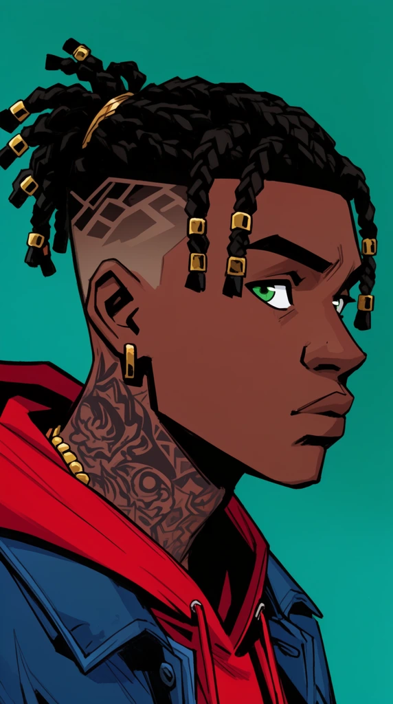 Comic style portrait, young Black man looking right, green eyes, braided hair with gold beads, geometric fade, neck tattoos, red hoodie, blue jacket, cel-shaded, teal background