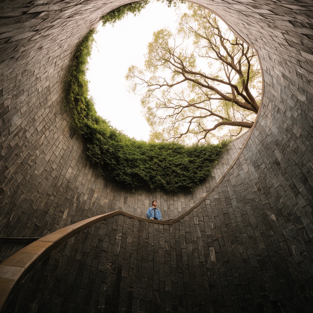 person standing on a sweeping curved staircase inside a massive circular stone shaft, low-angle shot, blue denim jacket, dark rectangular stone walls, green foliage draped over the upper rim, tree branches against a bright white sky, wide-angle perspective, earthy tones