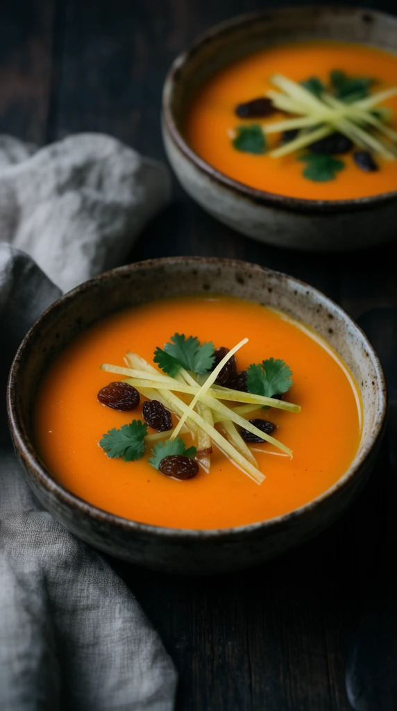 Vibrant orange soup in rustic bowls, garnished with julienned strips, raisins, cilantro, dark wooden table, linen napkin, moody food photography, shallow depth of field