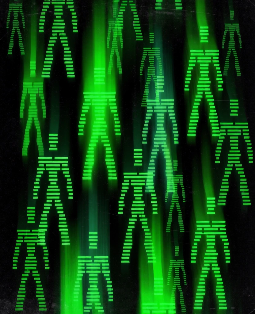 cinematic matrix-inspired aesthetic, glowing neon green geometric silhouettes with notched horizontal shapes arranged in vertical columns, falling against a deep black background, vibrant lime green light trails, soft motion blur, crt scanline textures, high-contrast glitchy composition, cyberpunk techno-noir atmosphere, monochromatic green palette, intricate digital textures, abstract technological visualization, layered glowing outlines, digital static artifacts.
