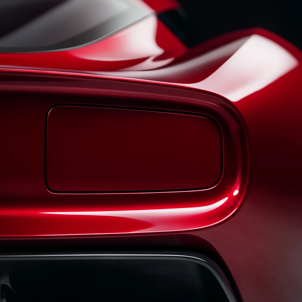 close-up of a glossy ruby red futuristic concept car rear fascia, smooth aerodynamic curves, deep reflective automotive paint, recessed rectangular panel, dark lower diffuser, dramatic studio lighting, specular highlights, shallow depth of field, macro automotive photography