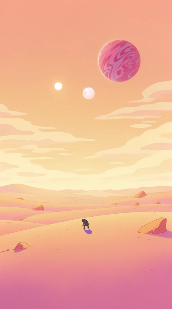 A vast surreal alien desert landscape in a soft 2D animation style, bathed in pastel peach, pink, and golden hues. A tiny, solitary, hunched dark figure stands centrally on smooth rolling dunes, casting a distinct purple shadow. Sparse, angular rocks jut from the sand, contrasting with the soft terrain. The expansive sky features stylized, flat clouds merging into a warm gradient. Three celestial bodies hang above: a small bright white sun, a pale moon, and a large planet with swirling magenta patterns. The wide panoramic framing and minimalist composition highlight the immense scale of this tranquil otherworldly environment.