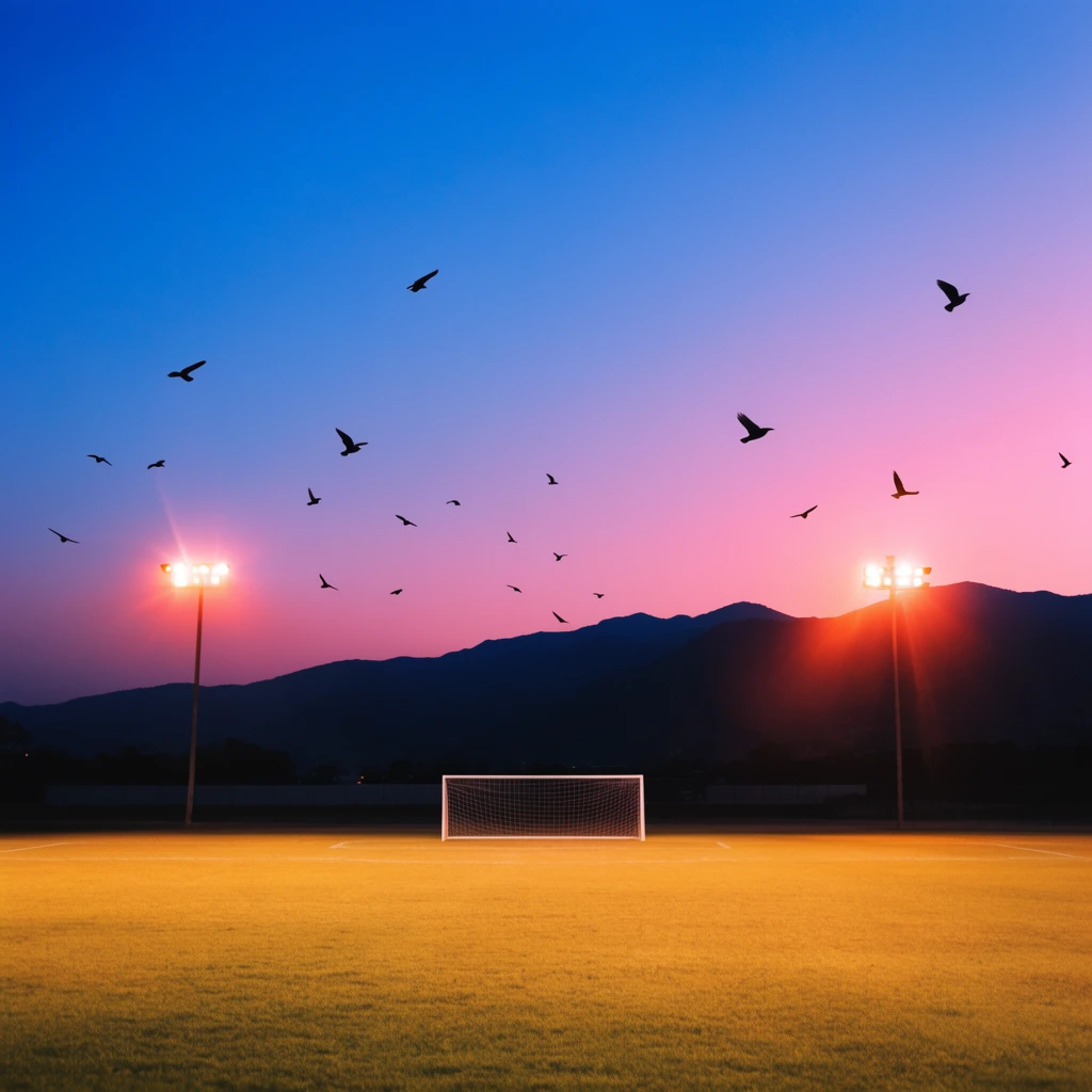 An empty soccer field at twilight under a vibrant blue to pink gradient sky. Glowing stadium lights cast warm orange flares across the yellowish grass and white goal frame, backed by a dark silhouetted mountain range and scattered flying birds.