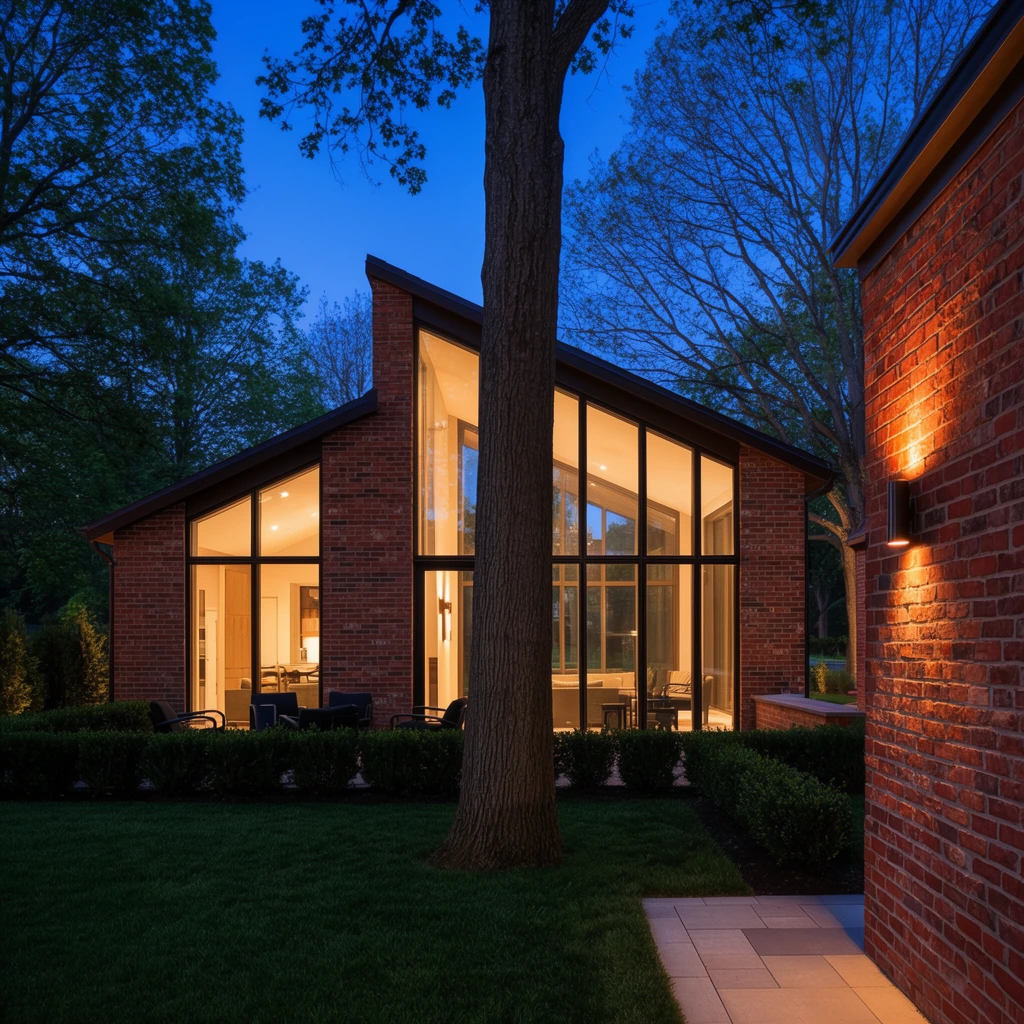 modern brick and glass pavilion glowing from within at dusk, warm interior lights shining through large floor-to-ceiling windows, deep blue twilight sky, prominent thick tree trunk vertically intersecting the foreground, dark green manicured lawn, red brick walls, asymmetrical pitched roofline, outdoor patio with dark chairs behind low hedges, right foreground brick wall with a glowing sconce above a paved pathway, architectural exterior photography, sharp focus, warm and cool lighting contrast