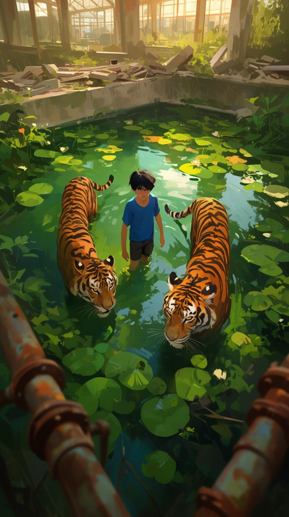 A high-angle digital painting of a boy wading through an overgrown pool alongside two Bengal tigers. The dark-haired youth in a blue shirt stands between the tigers amidst lily pads and lush foliage. The scene is a ruined, sunlit industrial greenhouse. Out-of-focus rusted pipes frame the foreground. Warm, dappled sunlight filters through distant architectural structures, illuminating the green water and concrete debris in a vibrant, painterly concept art style.