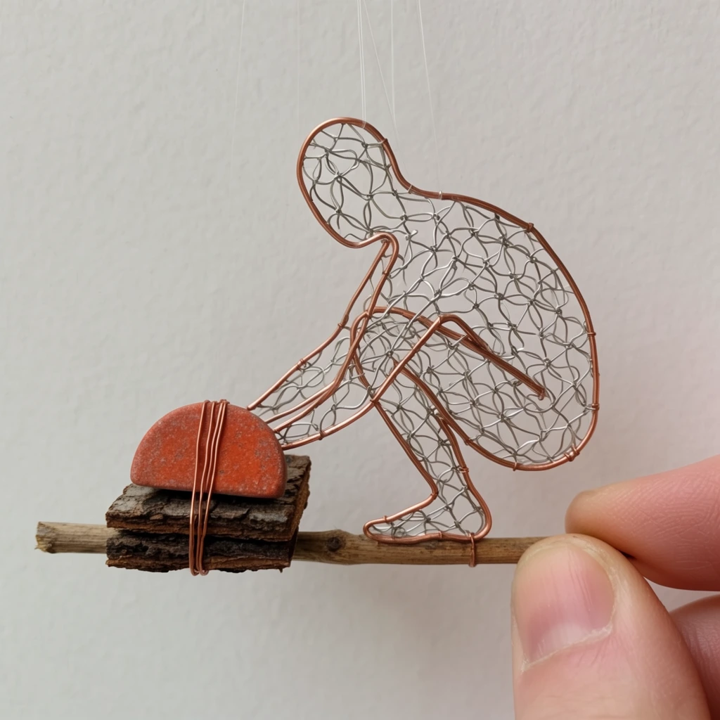 A delicate miniature wire sculpture of an abstract figure rests on a thin wooden twig base pinched between a pale human thumb and index finger against a plain off-white background. The stylized human figure is crafted from loosely woven copper and silver wire mesh enclosed by thicker wire outlines. The crouching figure reaches toward a small stack of materials on the left side of the twig, consisting of a square piece of dark rugged bark topped with a semicircular reddish-orange stone, all bound tightly with thin copper wire. Faint clear threads suspend the upper wire form from above. Soft diffused lighting casts subtle shadows on the faintly textured backdrop. The macro photography composition highlights the stark contrast between the organic textures of the wood and stone, the airy metallic grid of the wire mesh, and the soft skin of the hand entering from the bottom right edge.