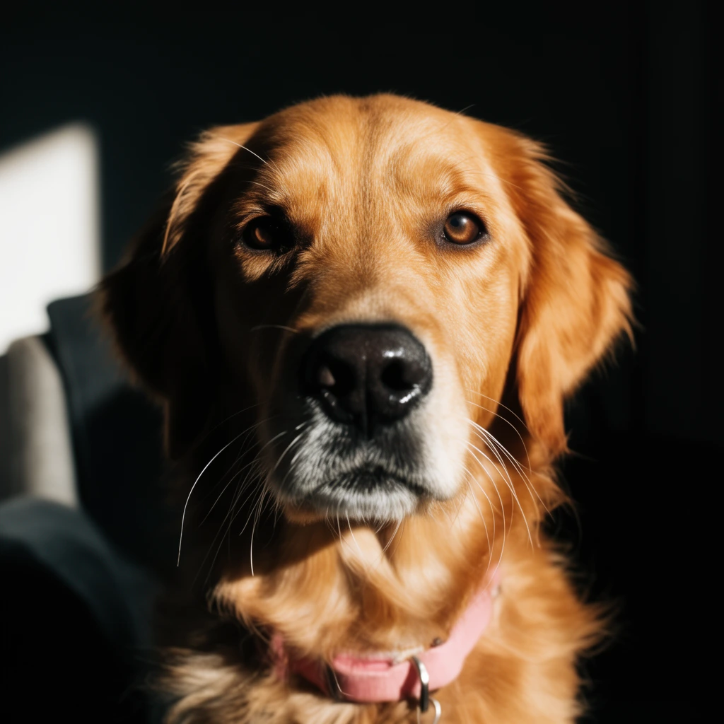 close-up portrait of a golden retriever, direct forward gaze, dramatic chiaroscuro lighting, intense sunlight illuminating the right half of the face, deep shadow on the left, dark brown eyes, black nose, white whiskers, pink collar, dark low-key background with a stark geometric patch of bright light, high-contrast photography, shallow depth of field
