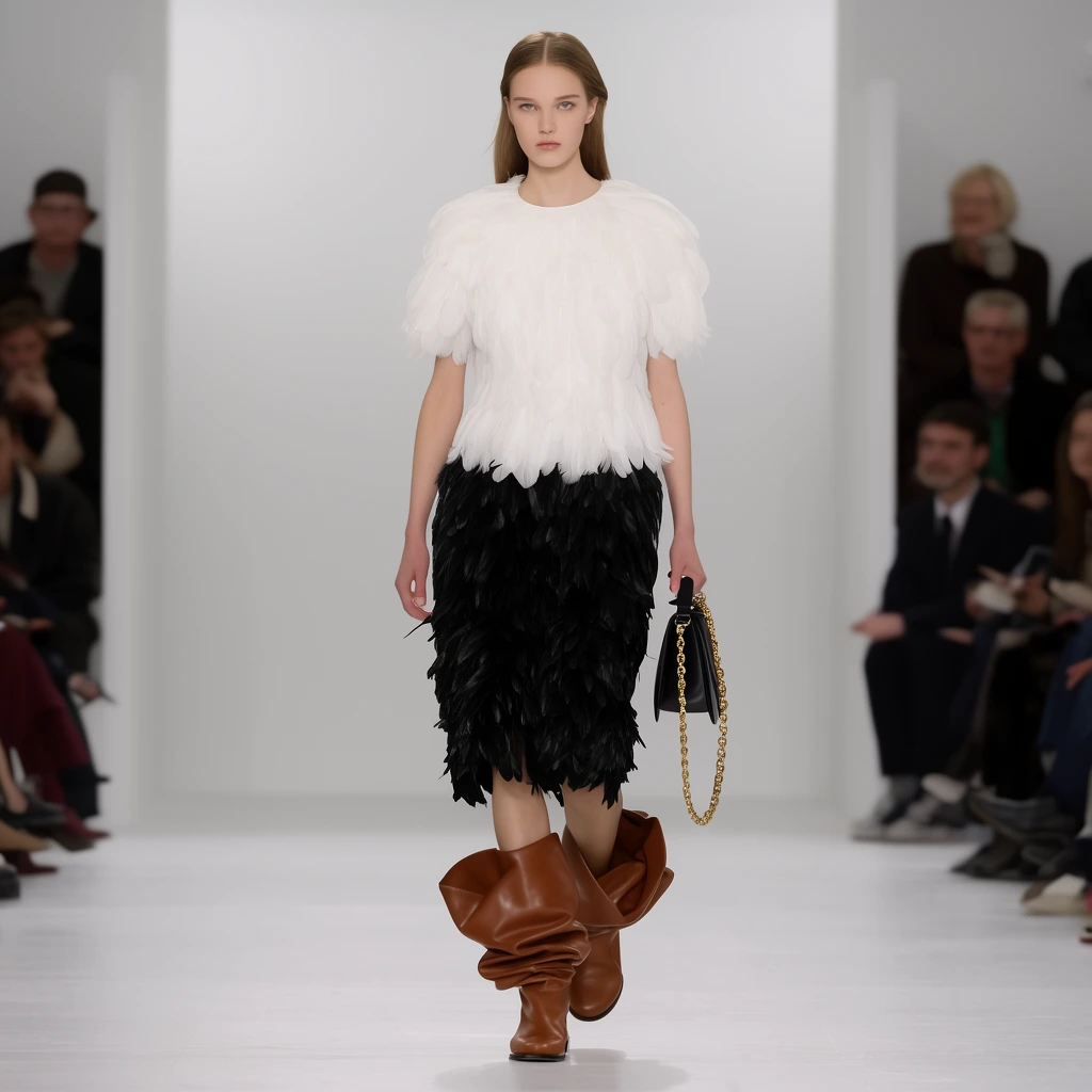 A fashion model walks down a bright white runway wearing a short-sleeved top of layered white feathers and a knee-length black feather skirt. She sports oversized, slouchy brown leather boots and carries a black handbag with a gold chain. The eye-level, full-body shot features bright, even lighting and a shallow depth of field, sharply focusing on the heavily textured outfit while blurring the seated audience and minimalist architectural background.