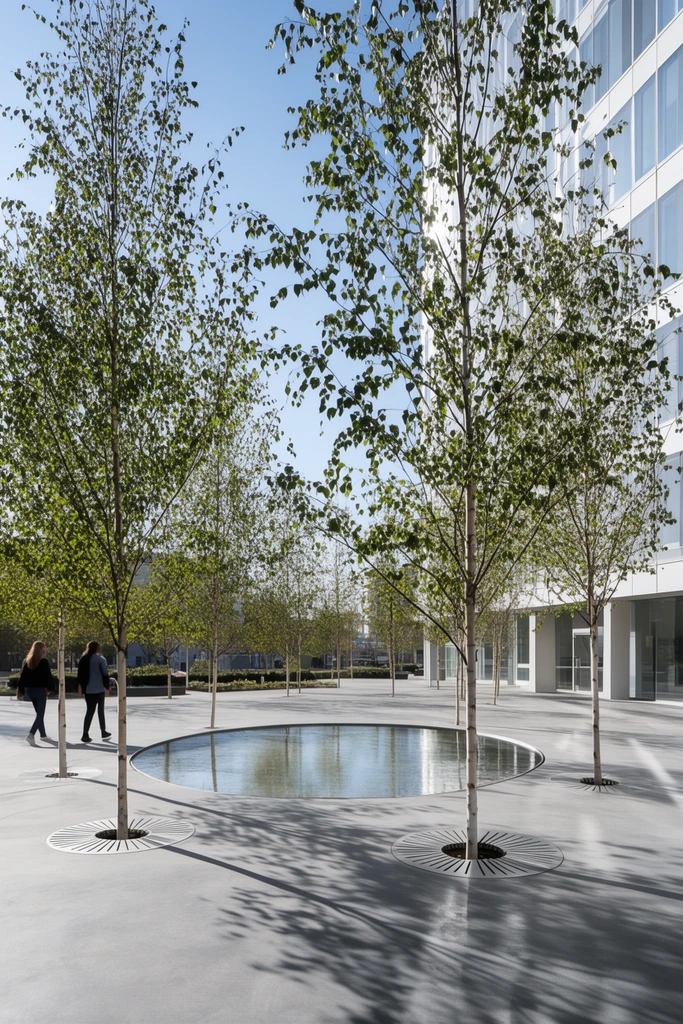 A modern urban plaza centers on a shallow circular reflecting pool embedded in smooth gray concrete. Slender birch trees in circular metal grates surround the water, casting sharp shadows across the sunlit ground. A contemporary white glass building stands right, while two pedestrians walk left. The wide architectural photograph uses bright natural daylight and an eye-level perspective.
