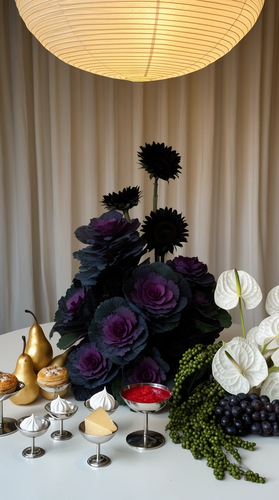 A modern still-life arrangement sits on a white table against a draped backdrop, illuminated by a glowing ribbed paper lantern. The dramatic centerpiece features towering dark purple ornamental cabbage and black sunflowers. Flanking this moody foliage are golden pears, trailing green berries, dark grapes, and white anthuriums. Scattered silver footed bowls hold meringues, pastries, a cheese wedge, and vibrant red puree. The soft overhead lighting creates a rich, baroque-inspired aesthetic with stark color contrast.