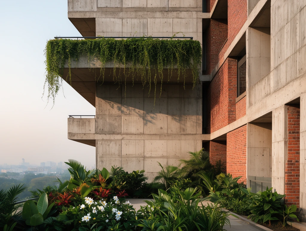 Raw concrete cantilevered balconies and inset red brick sections define a brutalist building exterior under a pale sky. Lush green vines drape dramatically from a prominent upper overhang, contrasting with the geometric formwork lines. A foreground terrace bursts with vibrant tropical plants and white flowers, while warm directional sunlight casts sharp architectural shadows across the textured facade against a distant, hazy cityscape.