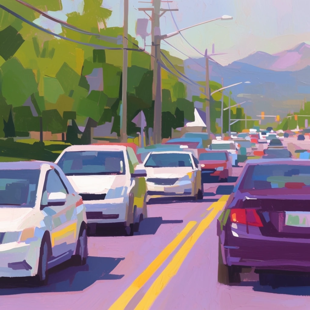 vibrant painterly street scene of heavy car traffic on a sunlit road, contemporary impressionist style with thick blocky brushstrokes, clustered cars in white and deep purple stretching into the distance, bright yellow double line on a lavender road surface, geometric simplification of forms, lush green trees with flat shapes bordering the left, utility poles with intersecting power lines, strong sunlight casting deep shadows, distant mountains, rich pastel color palette, expressive impasto rendering