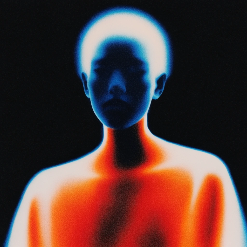 High-contrast portrait of a figure with heavy film grain styled like glowing thermal imaging. Deep navy shadows obscure the face beneath a radiant cyan and white aura. The torso glows with vibrant fiery orange and red gradients framed by bright white edges against a pitch-black background.