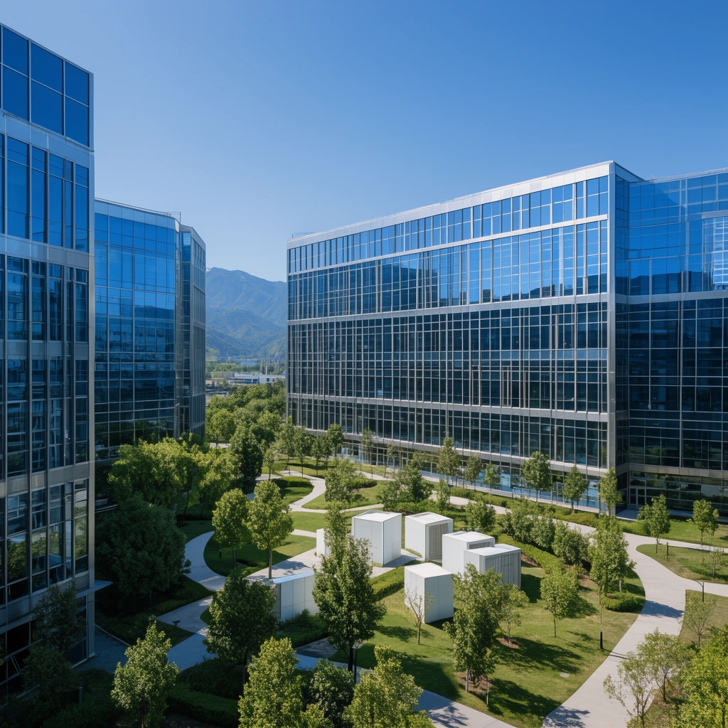 elevated view of a modern corporate campus, mid-rise buildings with reflective blue glass facades and silver metallic grids, landscaped courtyard with winding paved pathways, lush green trees, white cubic structures, mountain backdrop, clear blue sky, bright midday sunlight, crisp architectural photography