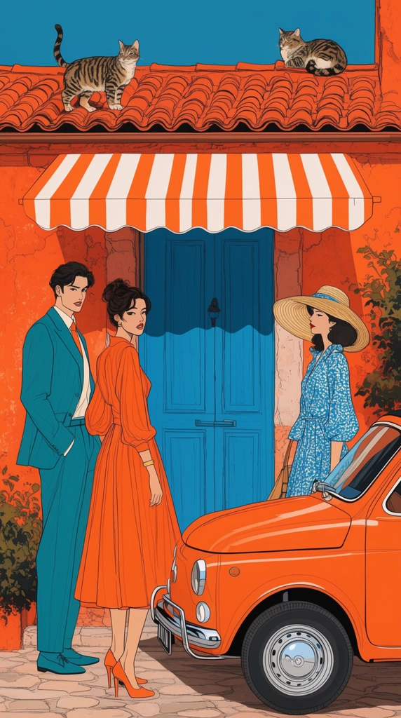 A stylized flat-color illustration of fashionable figures waiting outside a textured orange building with a bright blue door. A man in a teal suit stands beside a woman in an orange dress glancing backward. Another woman in a blue patterned dress and straw hat stands near a classic orange compact car. Tabby cats lounge on a terracotta roof and striped awning. The crisp line art features a strong complementary orange and teal palette.