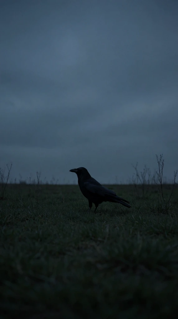 A lone black crow stands in profile facing left in a dim, grassy field beneath a vast, overcast slate-blue sky. The bird appears as a dark silhouette amidst muted green grass and sparse, dry weed stalks. Captured in a cinematic widescreen composition with a low camera angle, the flat horizon line bisects the lower third of the frame. The extreme low-light environment creates a desolate, moody atmosphere driven by an underexposed palette of deep blacks, desaturated greens, and heavy dusk blues.