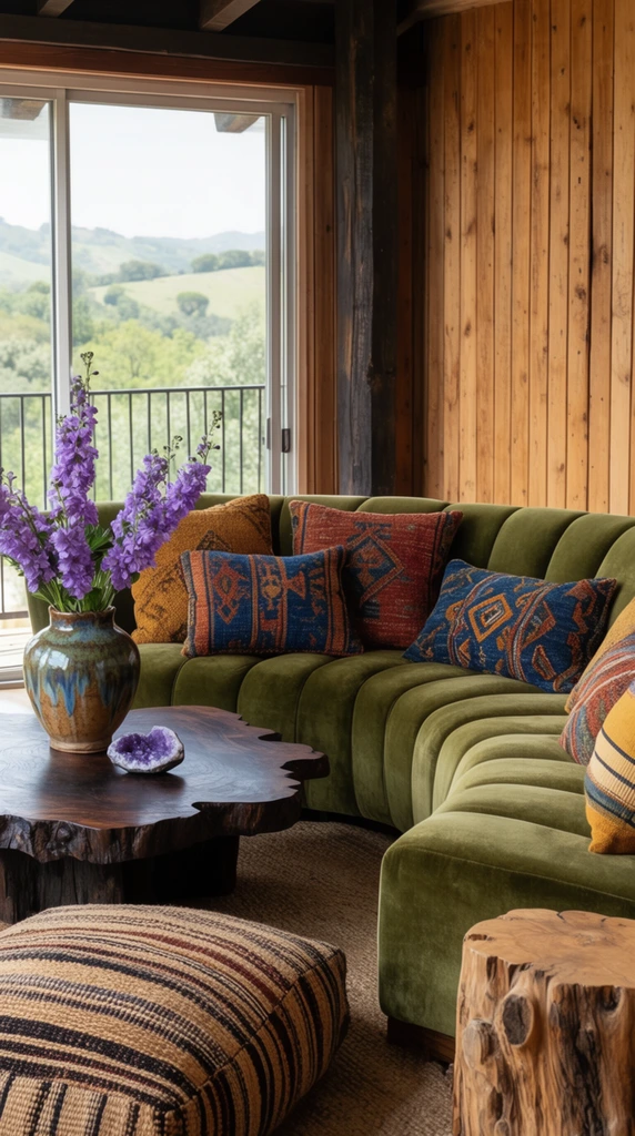 A curved olive-green channeled velvet sectional sofa anchors a sunlit rustic living room, layered with textured, geometric throw pillows in rust, indigo, and mustard. A live-edge dark wood coffee table displays a glazed vase filled with tall purple flowers and a small purple geode. Warm vertically paneled wood planks line the right wall next to a dark structural beam. On the left, large glass sliding doors reveal verdant rolling hills beyond a black metal balcony railing. A striped woven floor cushion and a raw wood stump table occupy the foreground. Soft natural daylight accentuates the earthy color palette, bohemian styling, and organic textures.