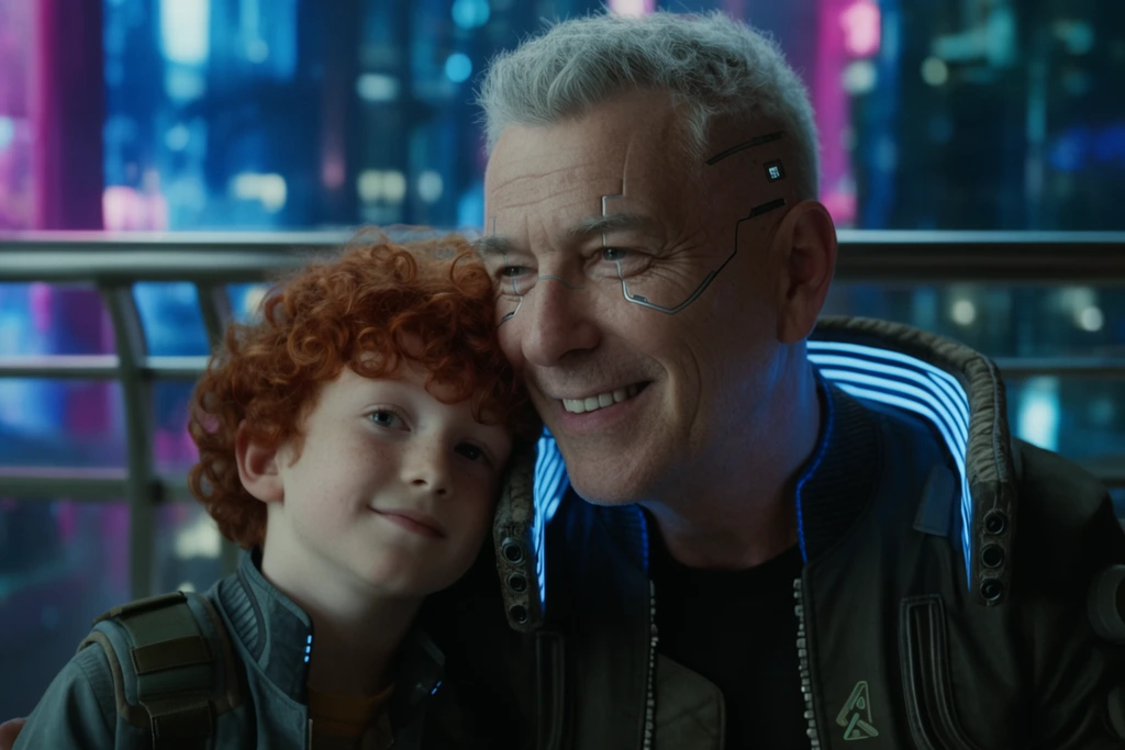 close-up of an older man with silver hair and subtle cybernetic facial implants smiling warmly, young boy with curly red hair resting his head against the man's shoulder, urban cyberpunk balcony setting, blurred metallic railing in background, illuminated by vivid neon blue and pink city lights, shallow depth of field, high contrast, cinematic framing, photorealistic