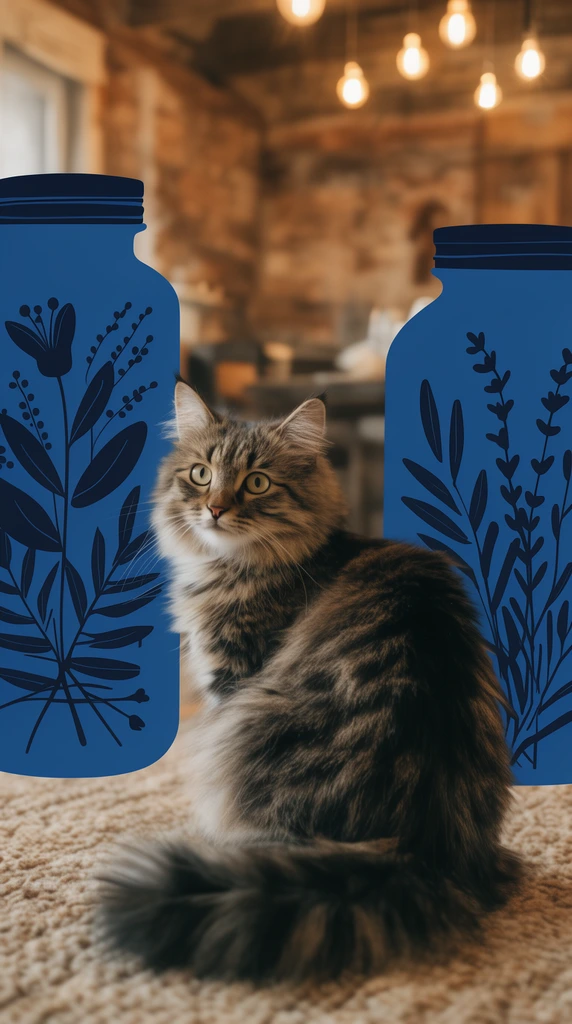 fluffy tabby cat on a textured rug looking back, surrounded by flat dark blue vector illustrations of botanical jars, warm rustic interior, blurred hanging lights, mixed media photography