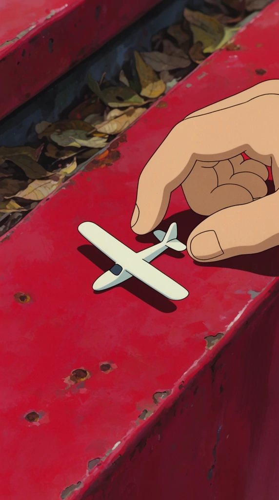 close up traditional 2D animation cel style illustration, light-skinned hand reaching toward a small white toy glider airplane, simple white plane resting on a weathered red metal ledge, hand drawn with crisp outlines and flat cel shading, textured red surface with chipped paint and small rust spots, diagonal structural seam, background trough holding dried fallen leaves, sharp cast shadows under bright daylight, highly detailed painterly environment