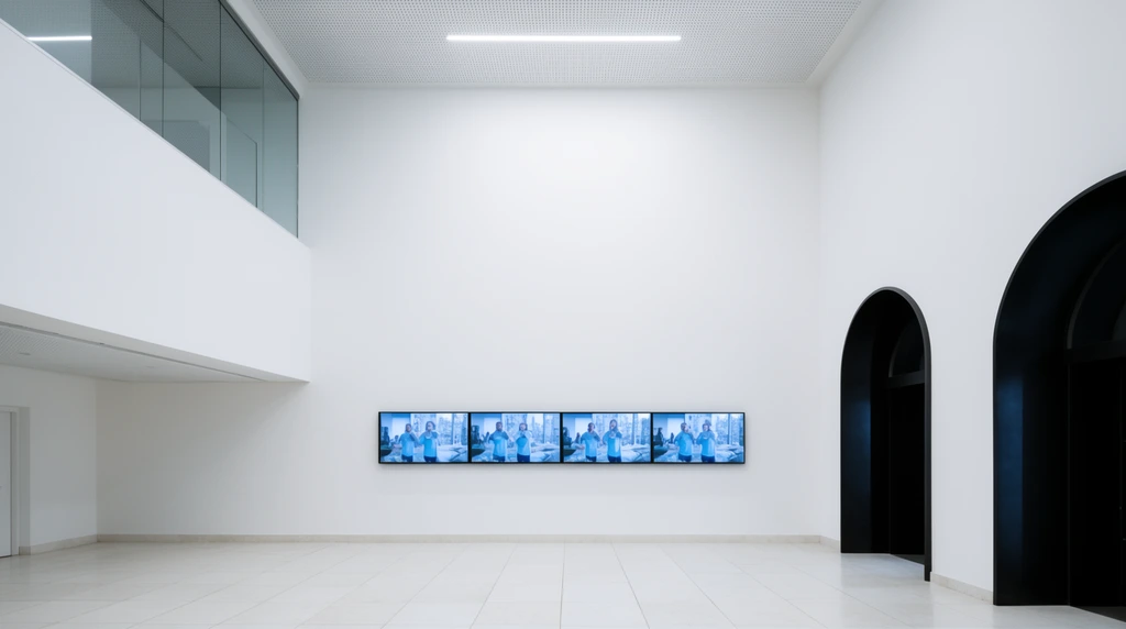 A stark, double-height white atrium bathed in bright diffuse light. Expansive white walls center a horizontal array of four flat screens displaying a video feed. Two tall, dark arched doorways on the right contrast sharply with the pristine surroundings. A recessed glass-paneled mezzanine occupies the left. Light square floor tiles and a perforated acoustic ceiling with a single linear light complete the clean architectural composition.