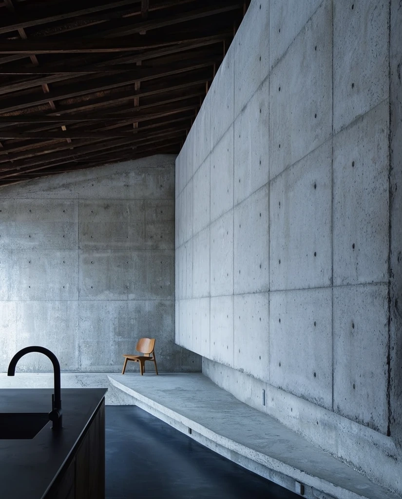 A minimalist brutalist interior pairs expansive poured concrete walls with a dark exposed wood-beamed ceiling. An angled concrete wall dominates the right side of the space, displaying a distinct grid of formwork tie holes and panel seams. A raised concrete platform runs along its base, leading to a solitary curved wooden chair resting in the background. The lower floor is smooth and dark, contrasting sharply with the pale grey walls. In the bottom left foreground, a dark counter features a matte black arched faucet. Cool natural daylight streams from the left, highlighting the raw textures and stark geometry in this deep-focus architectural photograph.